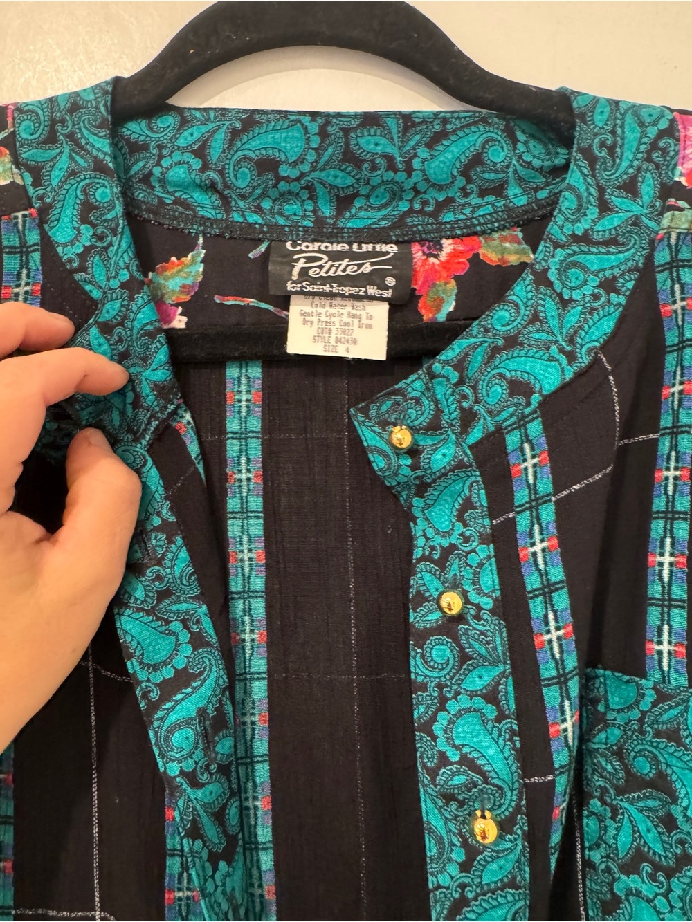 Vintage Carole Little Petites Teal Paisley Plaid Blouse - Picture 3 of 5